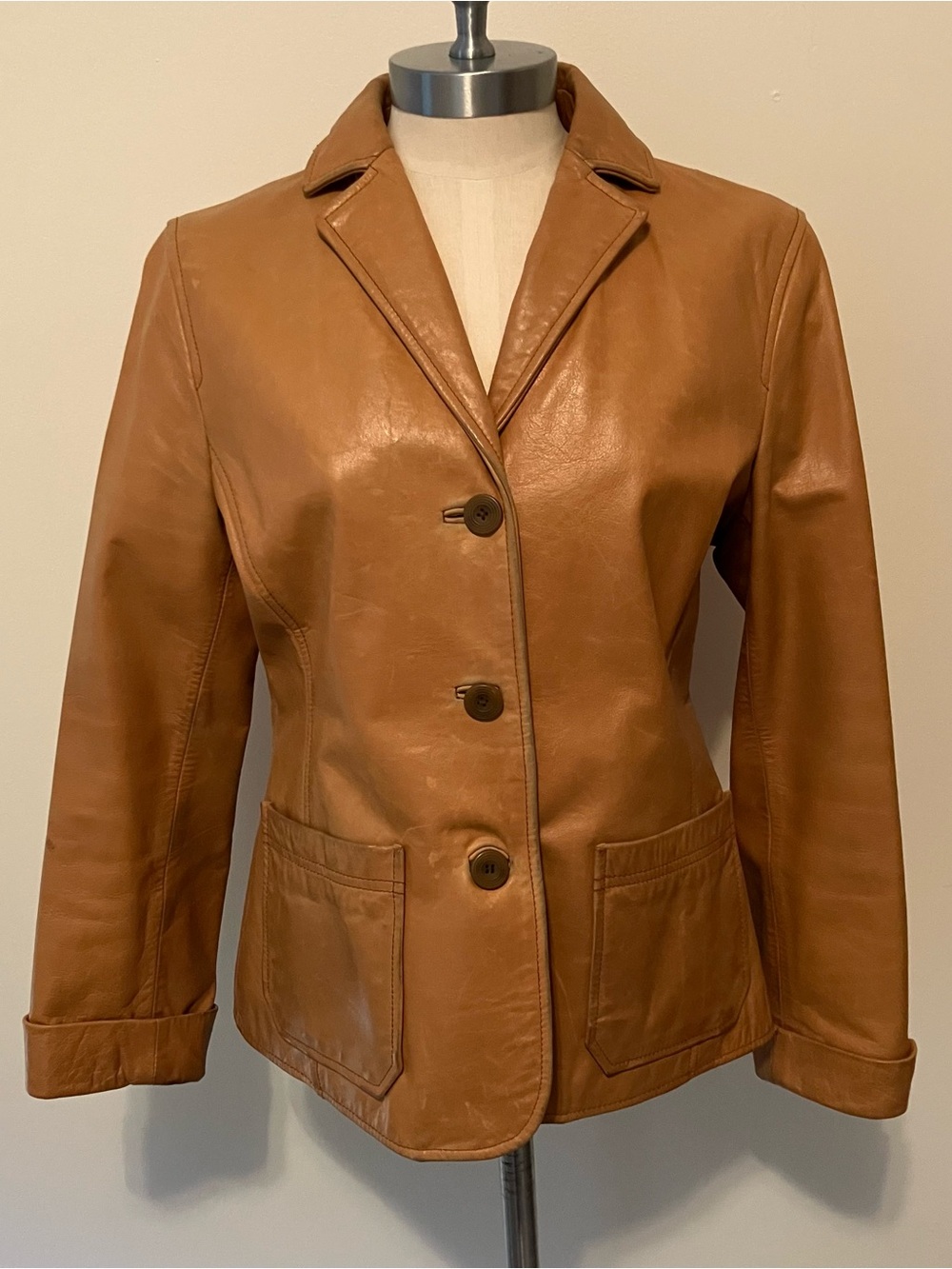 VTG Gap Leather Blazer Jacket Tan Camel Womens Sz S Y2K Preppy Lined 3 Button